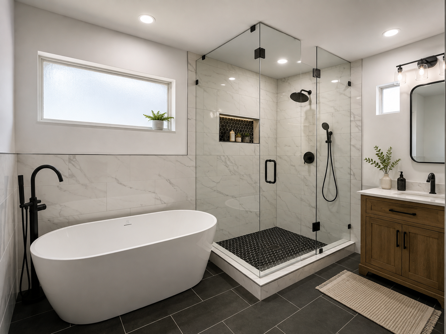 Luxury bathroom remodel in Dallas-Fort Worth featuring a freestanding tub, glass walk-in shower, marble-look tile, wood vanity, and matte black fixtures.