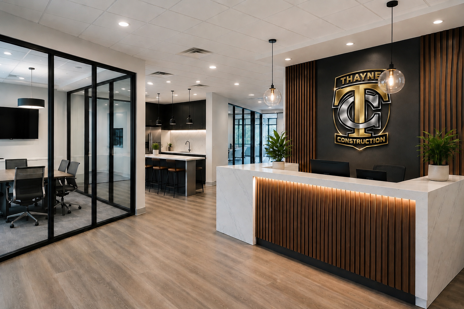 Modern commercial tenant improvement in Dallas-Fort Worth featuring a custom reception area, glass offices, conference room, wood finishes, and contemporary lighting.
