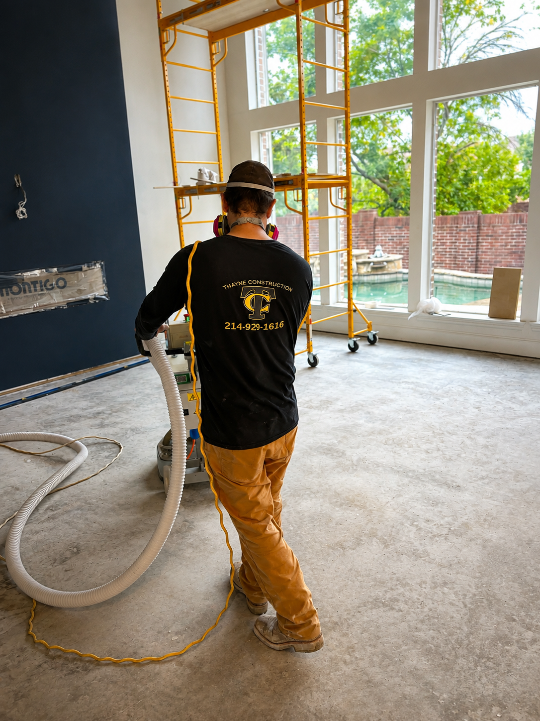 Thayne Construction crew member preparing a floor during a residential remodeling project in the Dallas-Fort Worth area.
