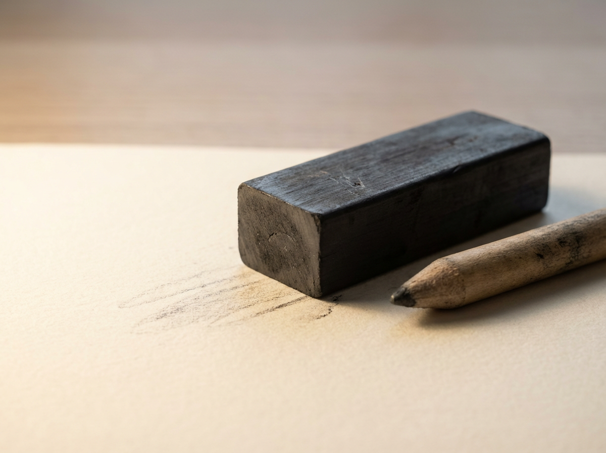 A pencil and an eraser on a sheet of paper with pencil marks.