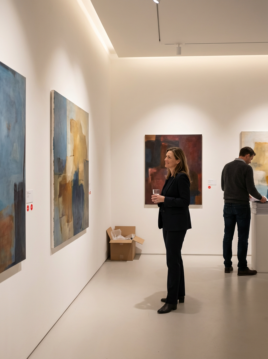 A woman in a black suit holding a glass, standing in an art gallery viewing abstract paintings on white walls. A man is in the background looking at artwork at a table.