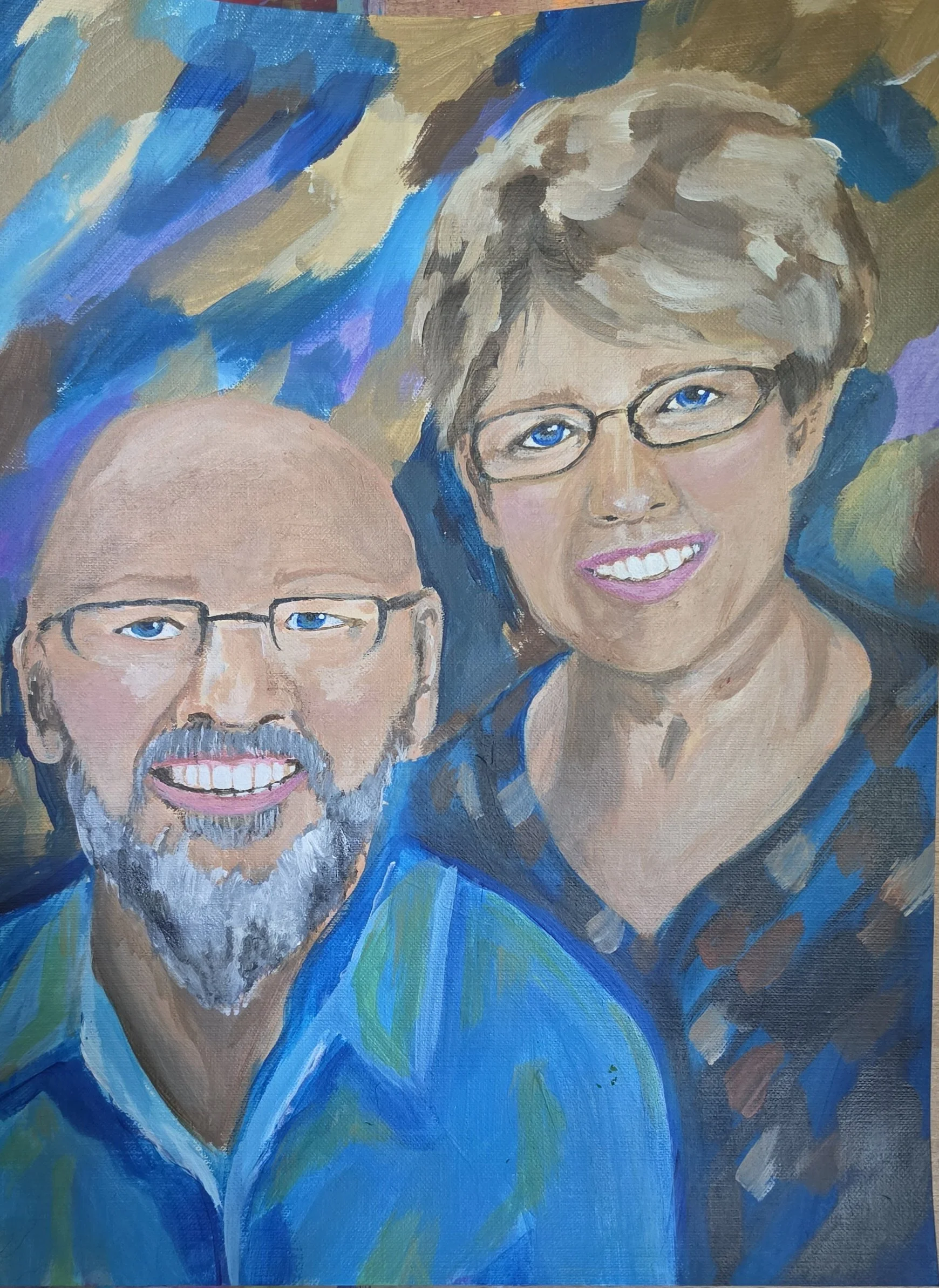 Close-up of a painting featuring two smiling adults with blue eyes, light hair, one wearing glasses, and a background of abstract blue, brown, and purple brushstrokes.