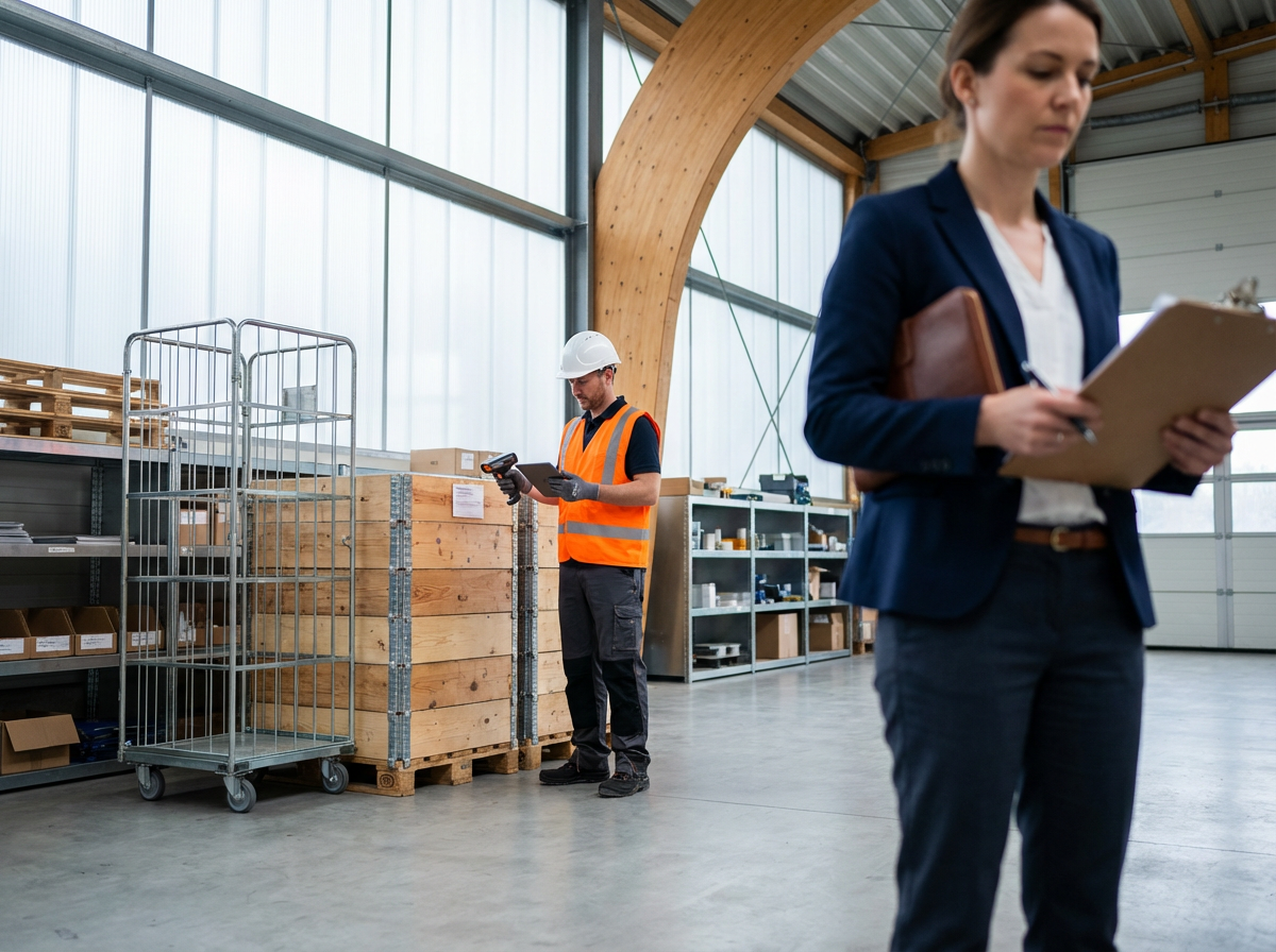 Two people in a warehouse: a man in a hard hat and safety vest using a clipboard; a woman in a business suit with a clipboard. Shelves and boxes are in the background.