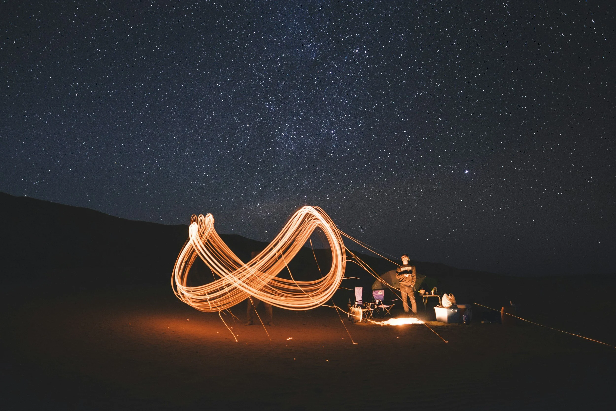 People sitting on the ground around a campfire or bonfire at night, with tents set up, under a sky filled with numerous stars.