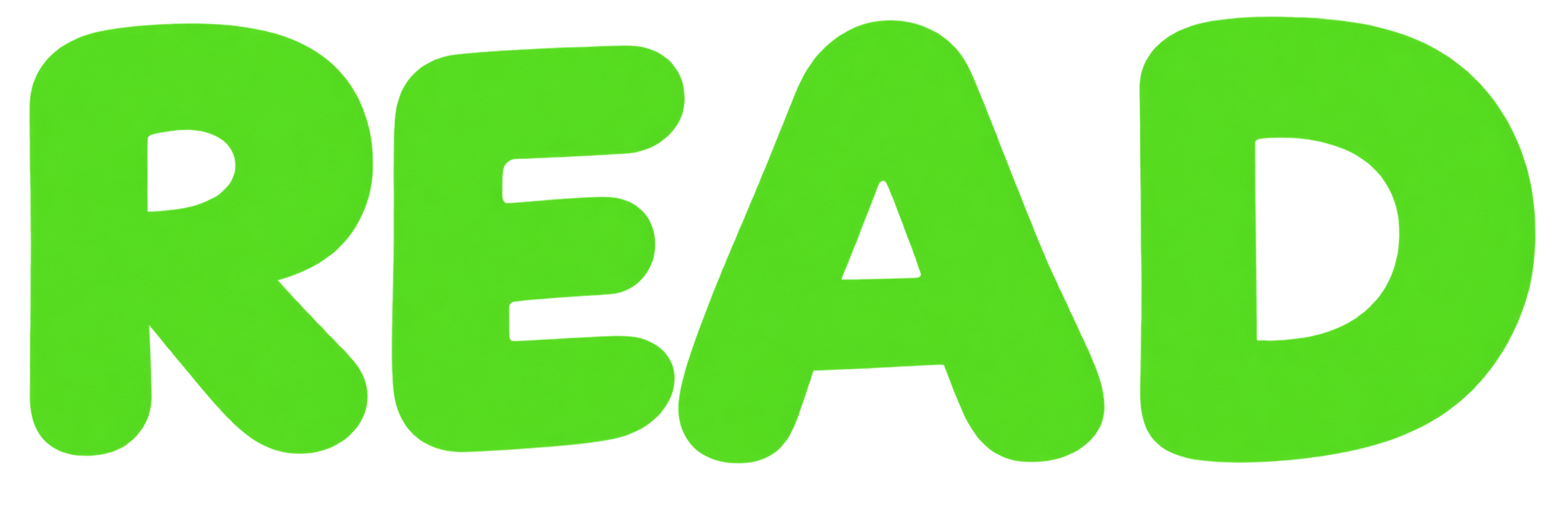 Bright green text on black background spelling 'READ' in large bold letters.
