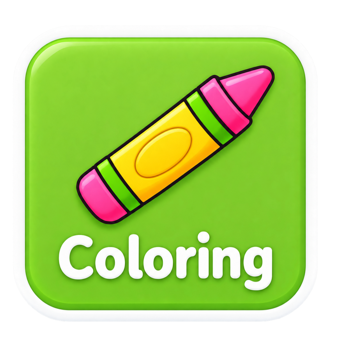 A green icon with a pink and yellow crayon image and the word 'Coloring' beneath it.