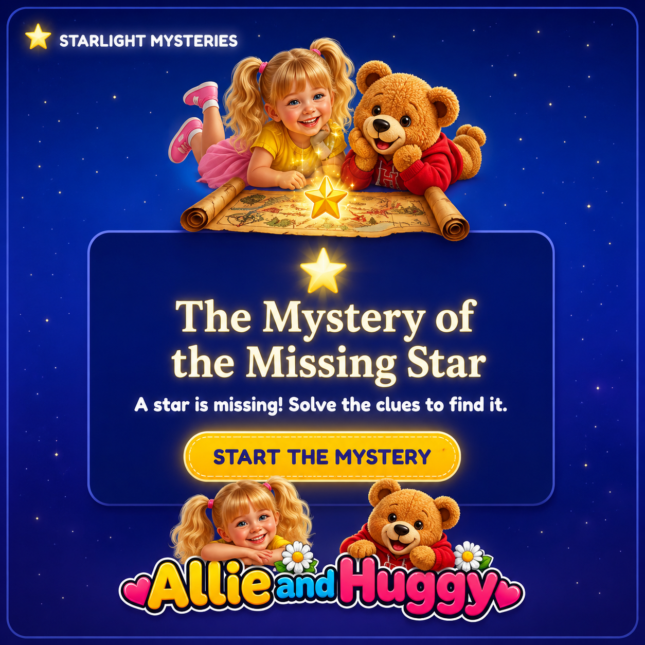 Children's book cover titled 'The Mystery of the Missing Star' featuring a smiling young girl with blonde hair in pigtails and a red teddy bear. The girl and bear are lying on a starry sky background, with a shop logo 'Allie and Huggy' at the bottom.