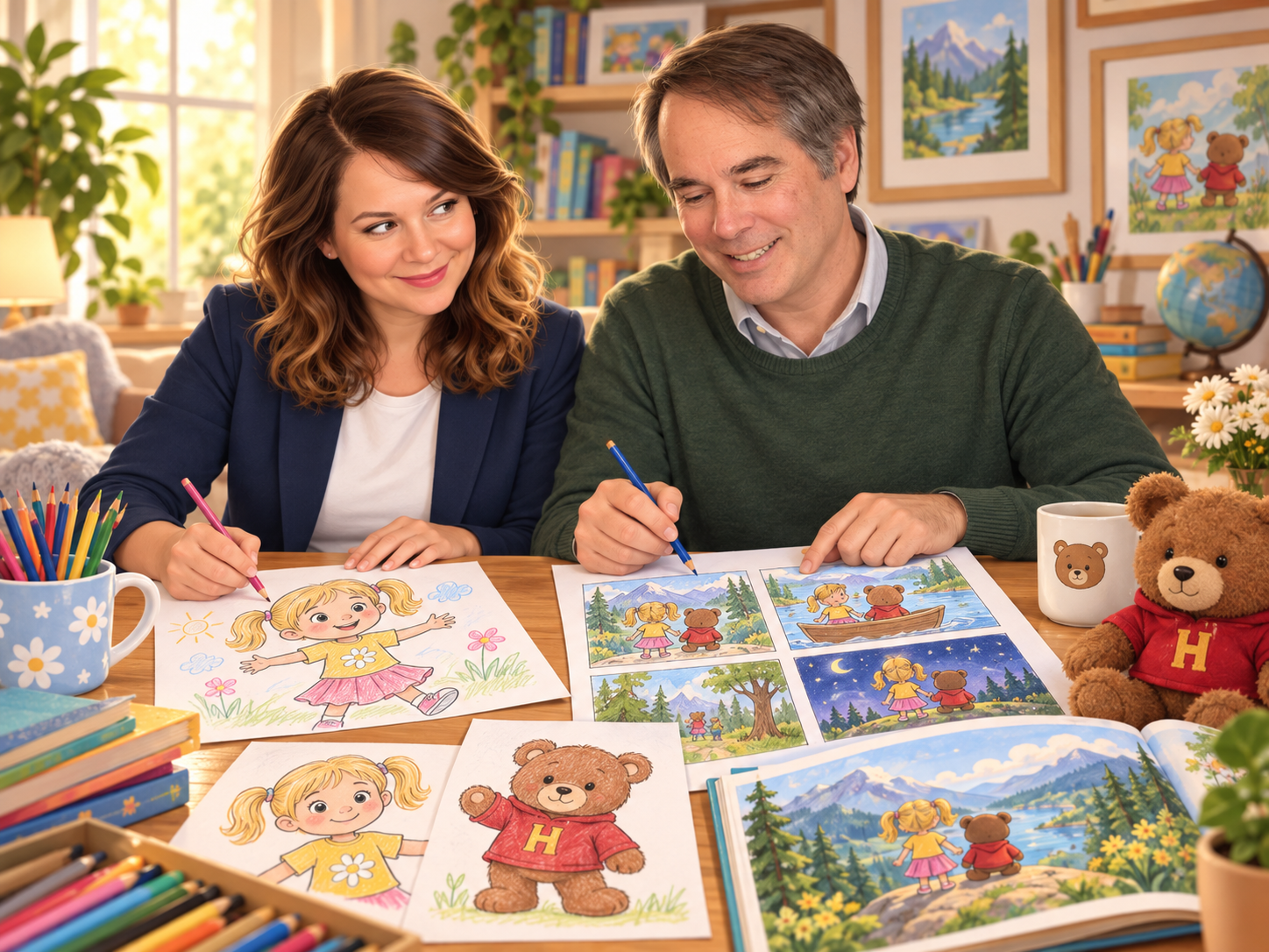 A man and woman sit at a table, coloring pictures of a girl and a bear with books and colored pencils. There are drawings, a teddy bear, and a mug on the table, with books, paintings, and plants in the background.