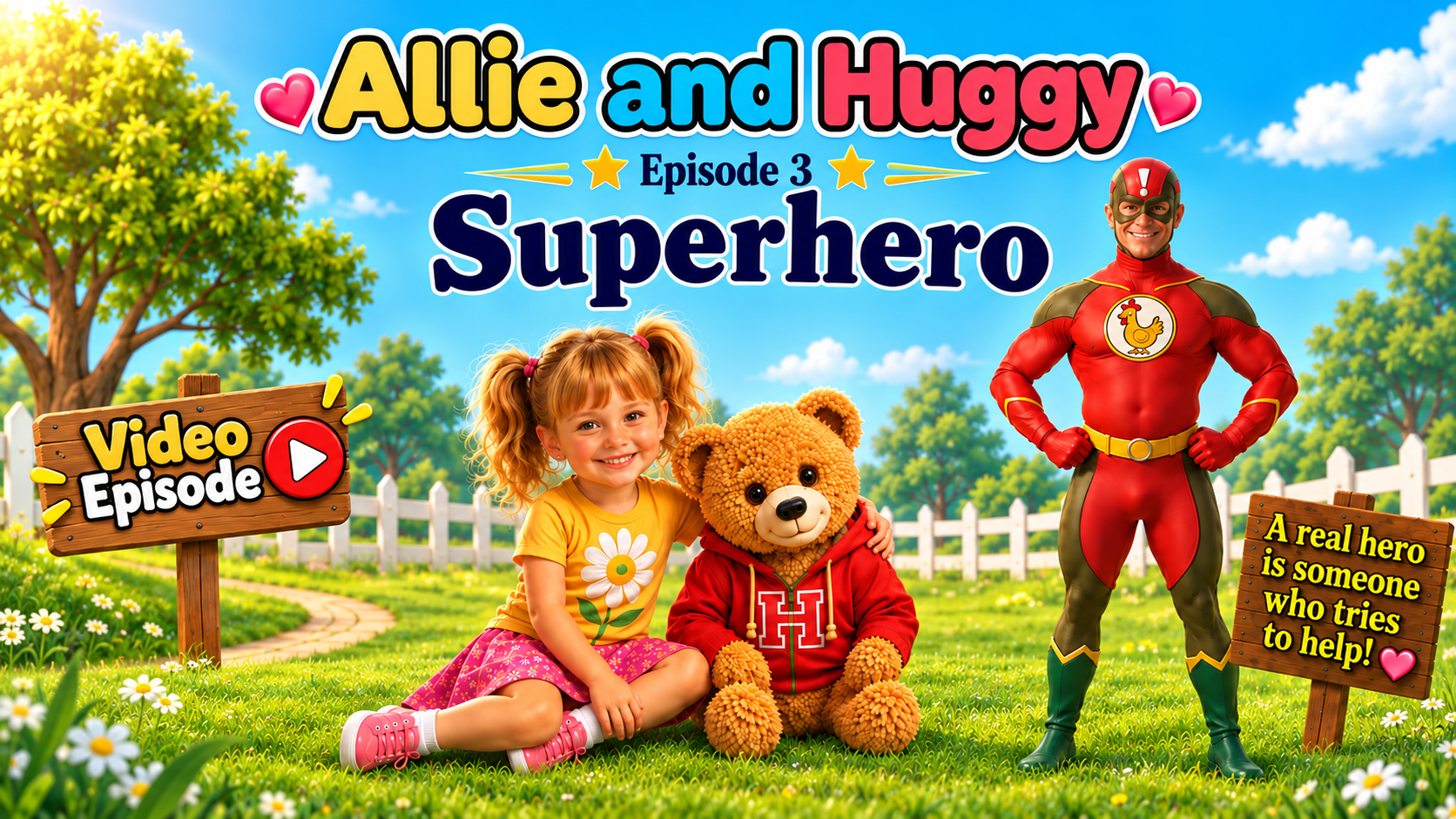 Colorful animated cover for Allie and Huggy Episode 3 Superhero featuring a young girl named Allie, a teddy bear character named Huggy, and a superhero in a red and green costume with a chicken emblem in a park setting with trees, flowers, and a whit