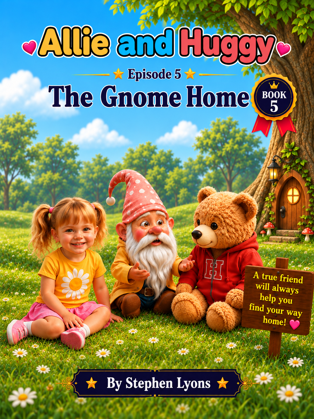 Children sitting on grass with a gnome, bear, and sign in front of a tree with a cozy door, in a bright, cartoonish outdoor scene for a children's book cover.