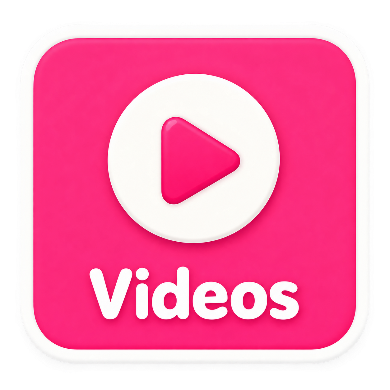 Pink square icon with rounded corners, featuring a white circle in the center containing a pink play button. The word 'Videos' is written in white lowercase letters below the circle.