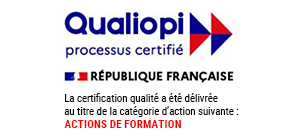 Logo de Qualiopi avec texte indiquant la certification qualité délivrée par la République Française pour actions de formation.