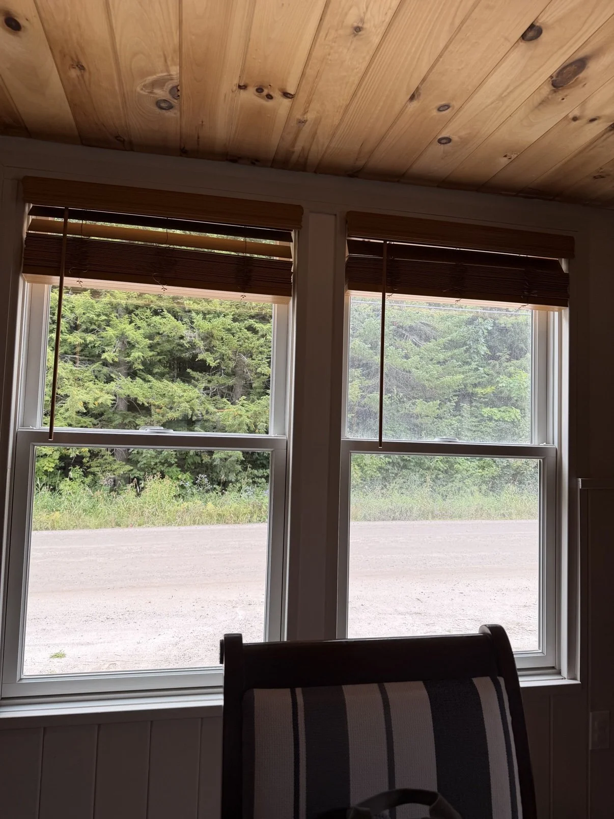 Bright, freshly cleaned interior windows with natural wood blinds overlooking green New Hampshire woods
