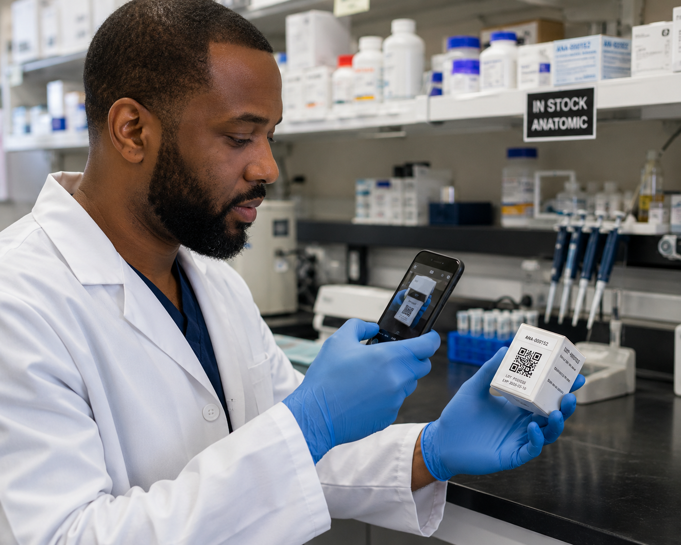 Laboratory scientist scanning a Trackcell inventory QR code with a smartphone.
