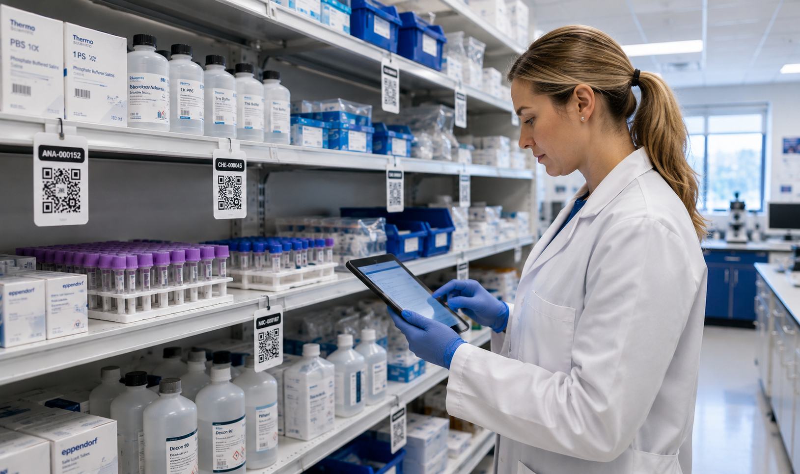 Laboratory professional reviewing organized reagent and supply inventory.