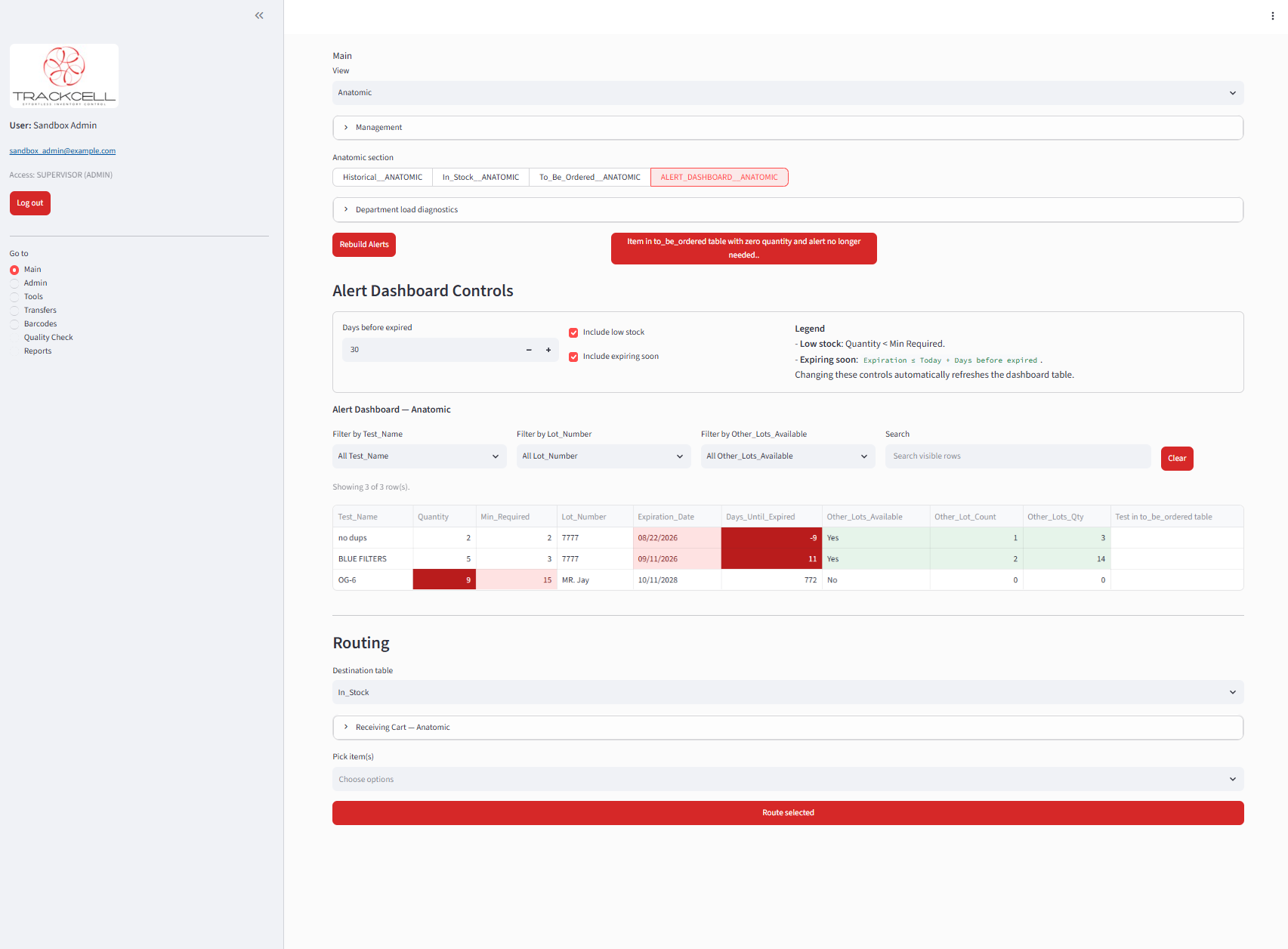 Trackcell inventory alerts for low stock and approaching expiration dates.