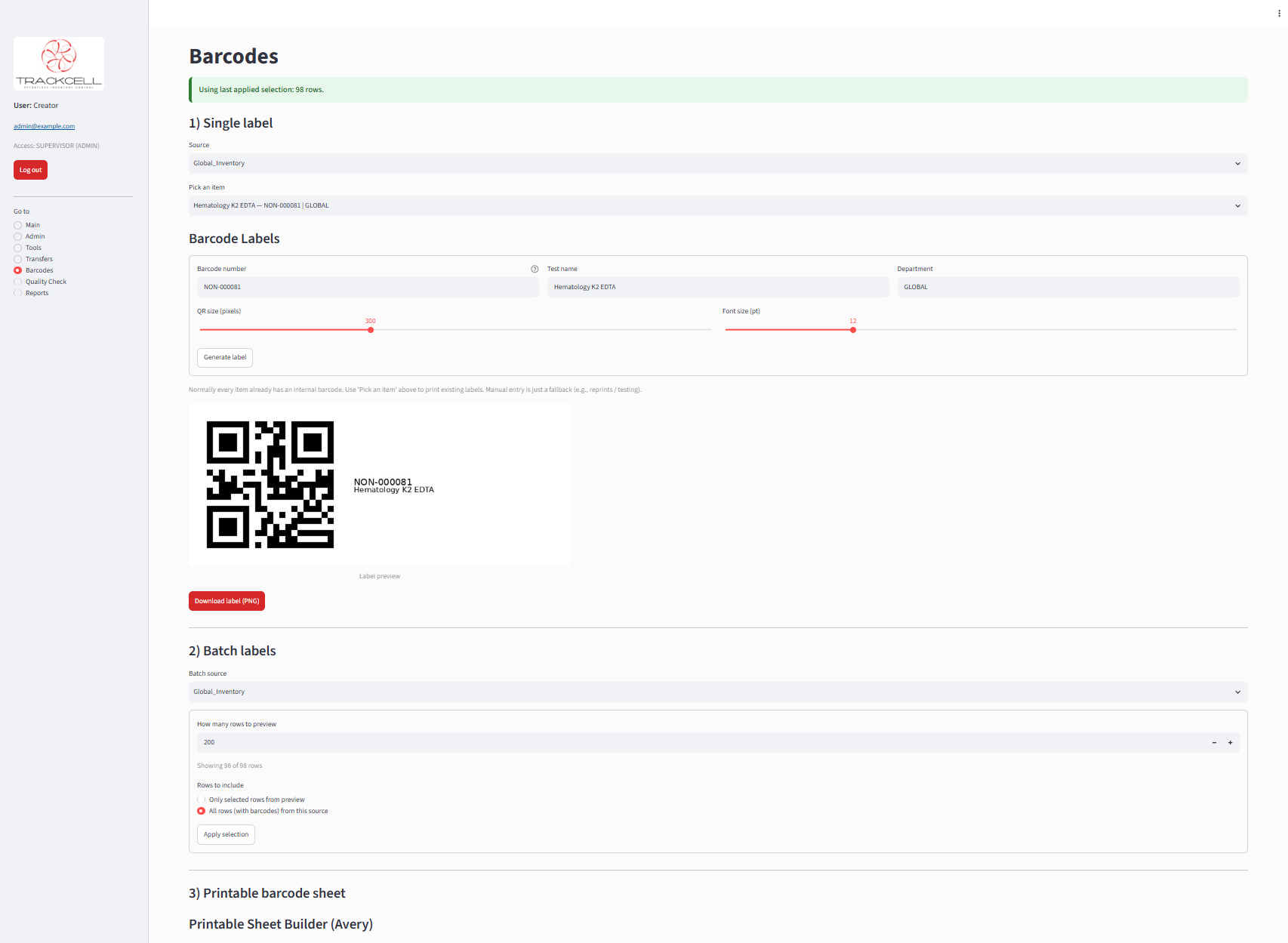 Trackcell QR code and barcode label creation for laboratory inventory.