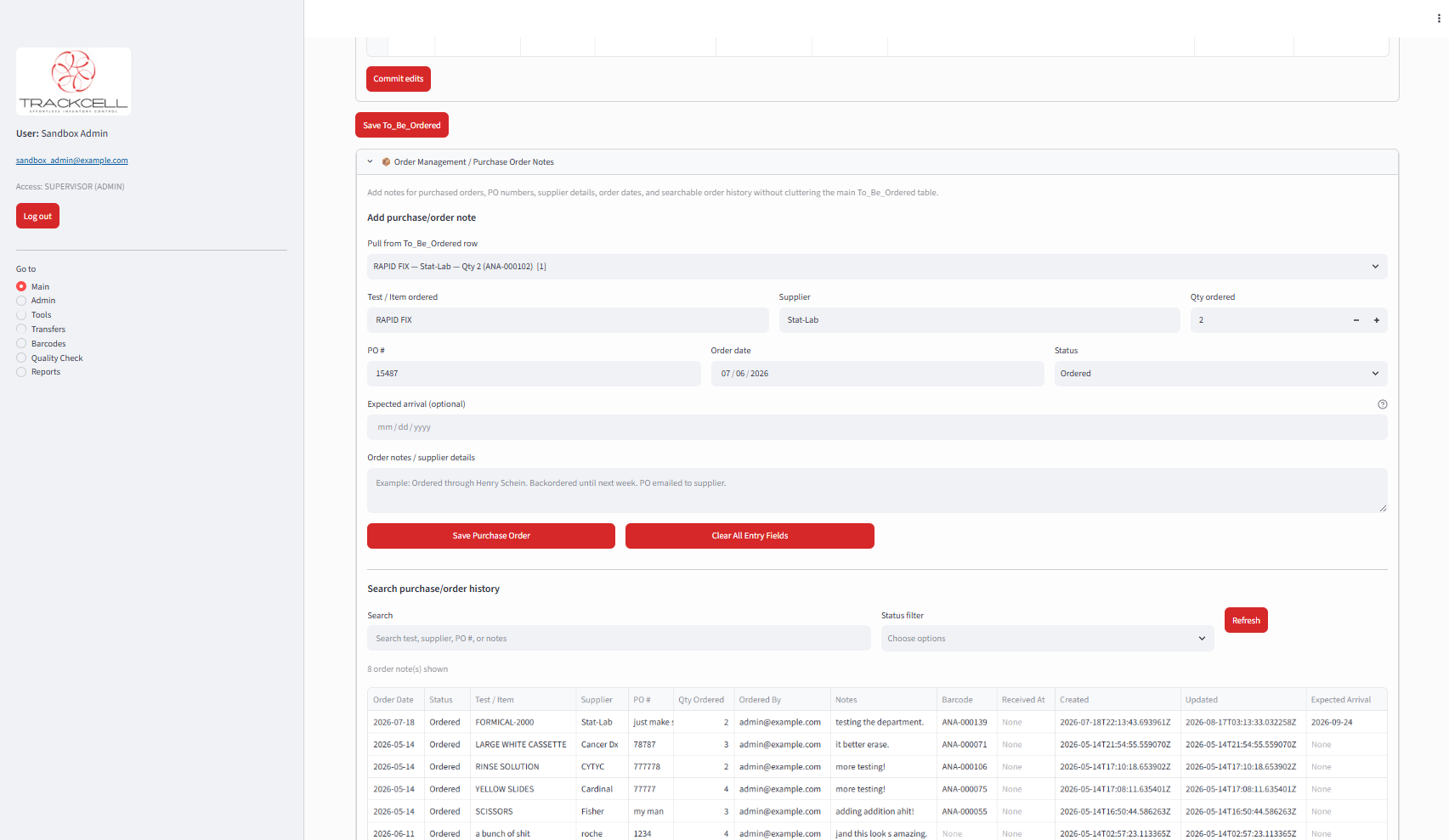 Trackcell purchase order management for laboratory supplies and supplier orders.