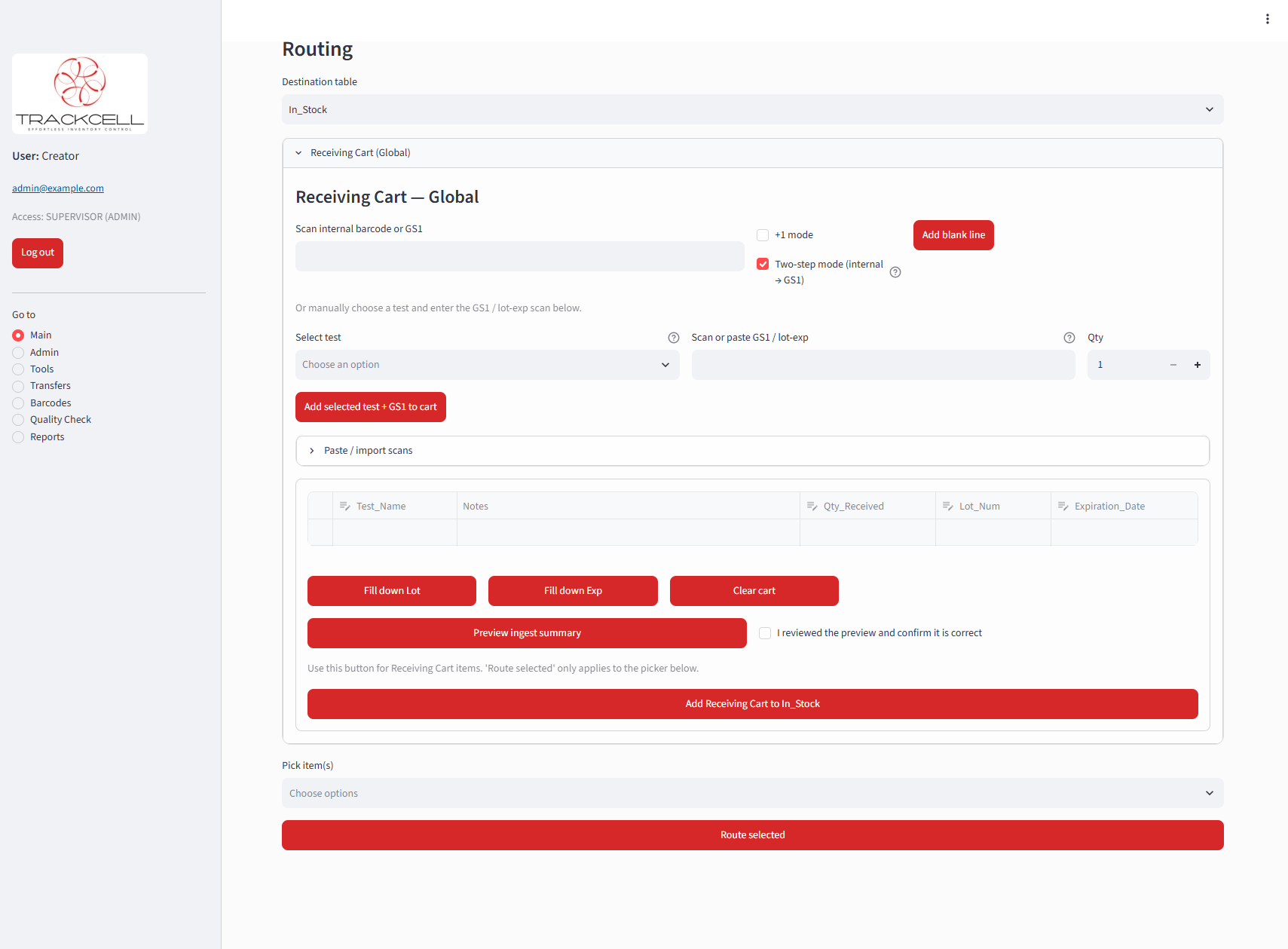 Trackcell receiving workflow for adding laboratory reagents and supplies into inventory.