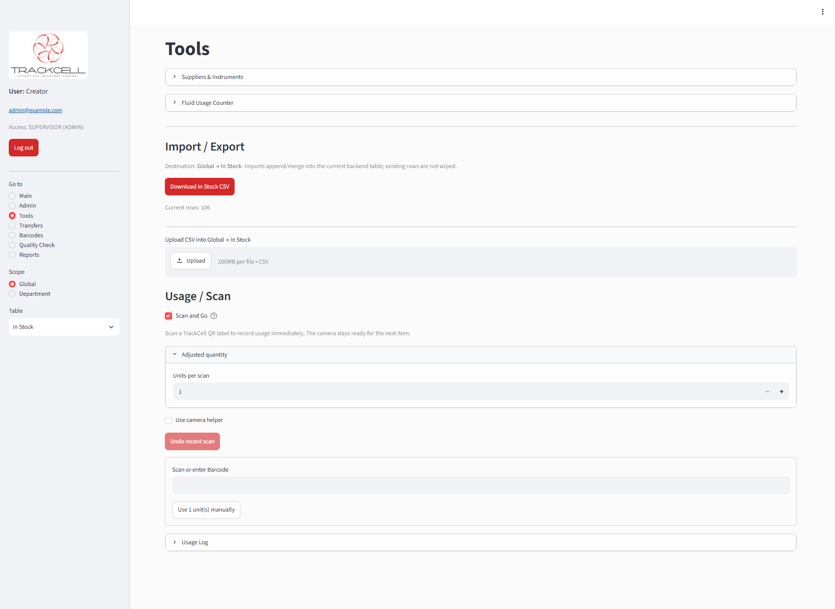 Trackcell laboratory inventory management tools for usage scanning, imports, transfers, barcodes, and reports.