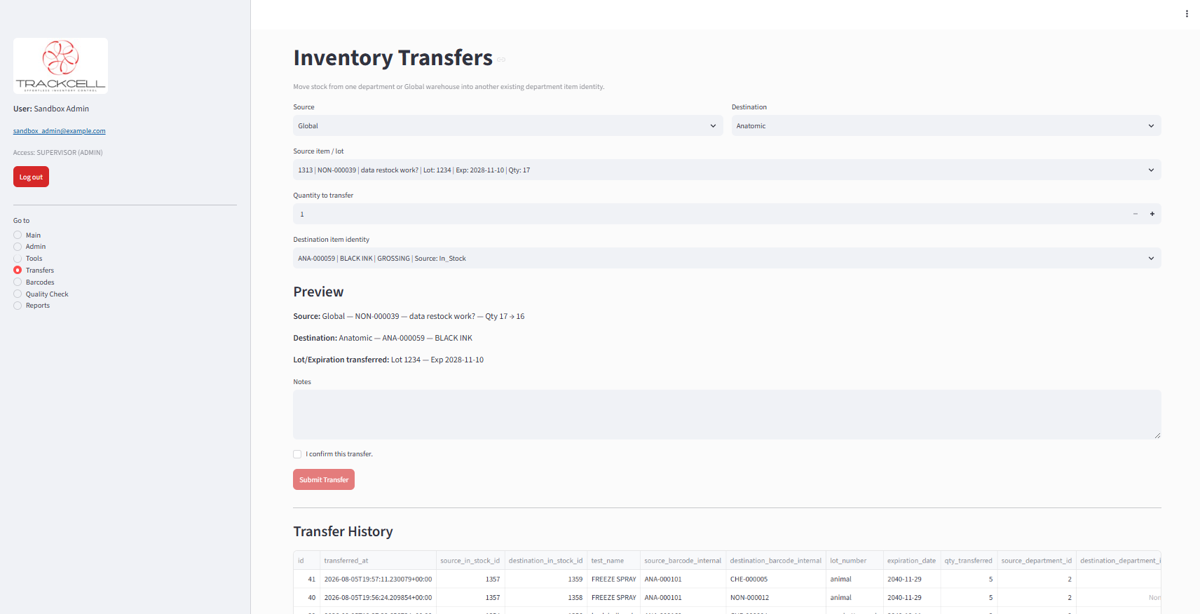 Trackcell inventory transfer screen for moving laboratory supplies between departments.