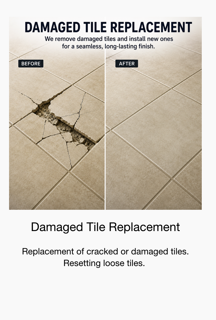 Comparison of damaged and repaired tiled floor, with a cracked tile on the left and a seamlessly replaced tile on the right, titled 'Damaged Tile Replacement'
