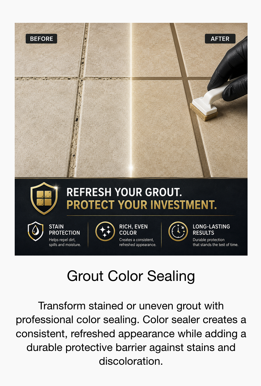 Side-by-side comparison of tiled floor before and after grout color sealing, showing improved appearance and cleaner grout lines.