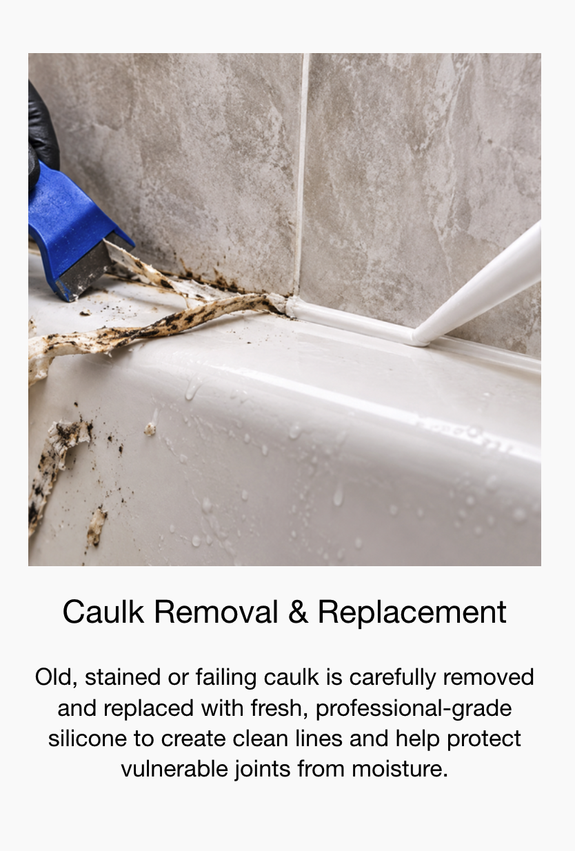 A person removing old caulk from a bathtub corner with a blue caulk removal tool, preparing to replace it with fresh silicone to seal the joint.