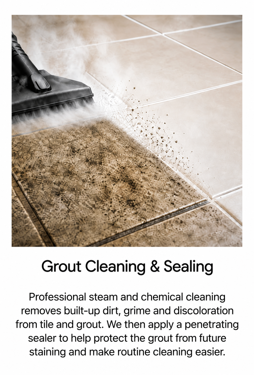 A steam cleaning machine cleaning dirt and grime from tiled floor, with clear transition from dirty to clean tile. Floor looks textured with grout lines.
