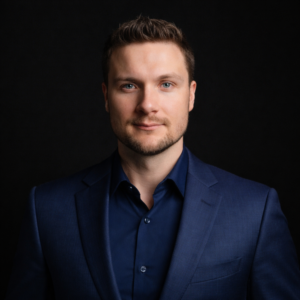 Headshot of a man with short brown hair and blue eyes, wearing a dark blue suit and shirt against a black background.