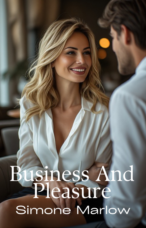 A woman smiles while talking with a man in a restaurant or cafe, dressed in business casual, with warm lighting in the background.