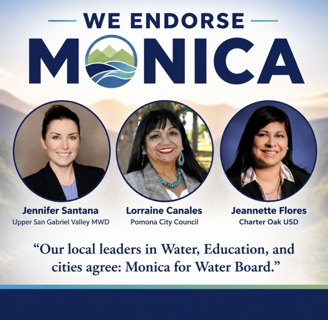 Campaign poster showing support for Monica for Water Board with headshots of Jennifer Santana, Lorraine Canales, and Jeannette Flores, along with their titles and quote.