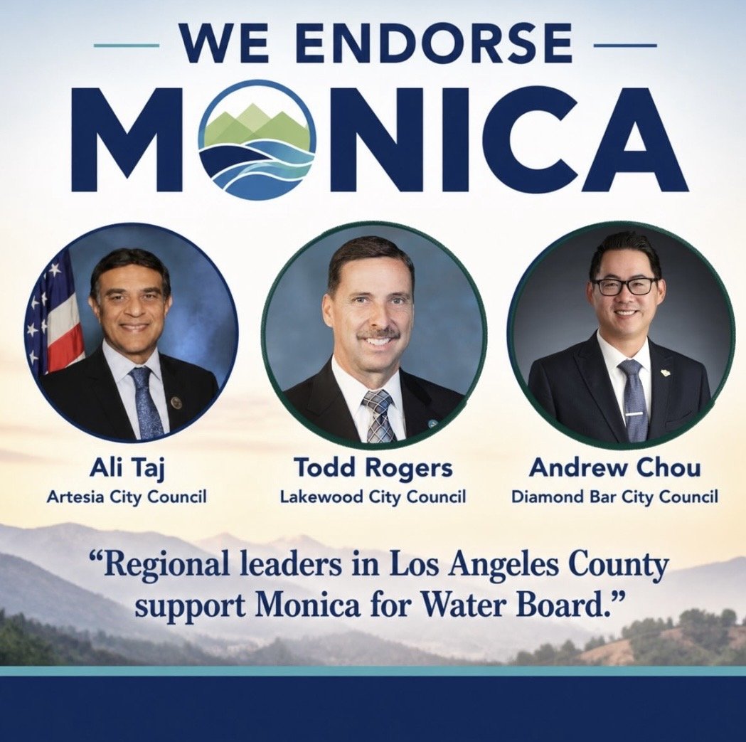 A campaign graphic supporting Monica for Water Board, featuring photos of three regional leaders: Ali Taj from Artesia City Council, Todd Rogers from Lakewood City Council, and Andrew Chou from Diamond Bar City Council. The graphic includes their names, titles, and a quote about their support for Monica, set against a mountainous landscape background.