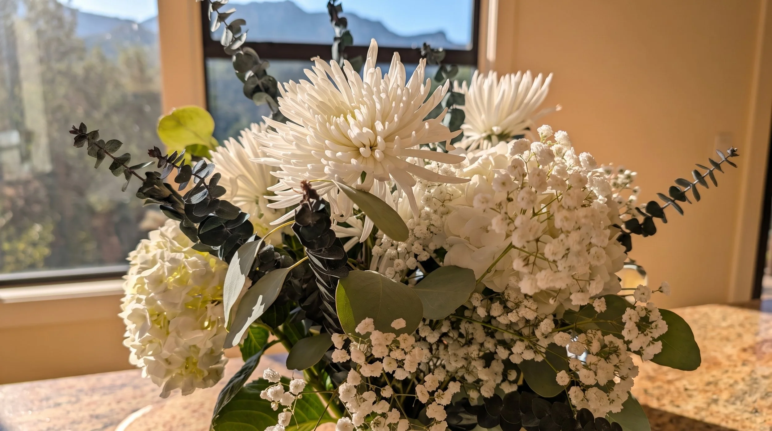 Baby's Breath, Eucalyptus, Spider Mums and Hydrangeas  