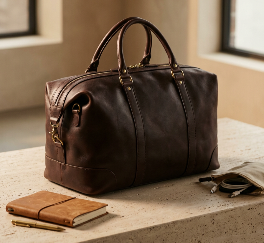 A brown leather duffel bag on a white speckled countertop with a closed tan notebook, a gold pen, a small zippered pouch with charging cables, near a window.