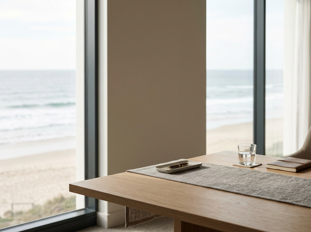 A dining table next to large windows overlooking the beach and ocean, with a glass of water, a book, and a napkin with a pen on it.