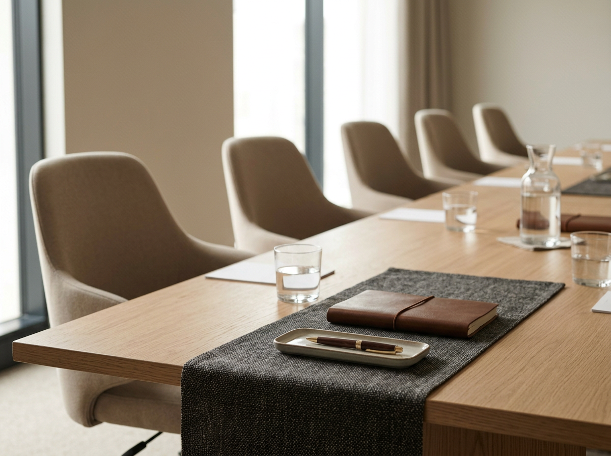A conference room with a long wooden table, beige chairs, and glass water pitchers and glasses, a notebook, and a pen on the table.
