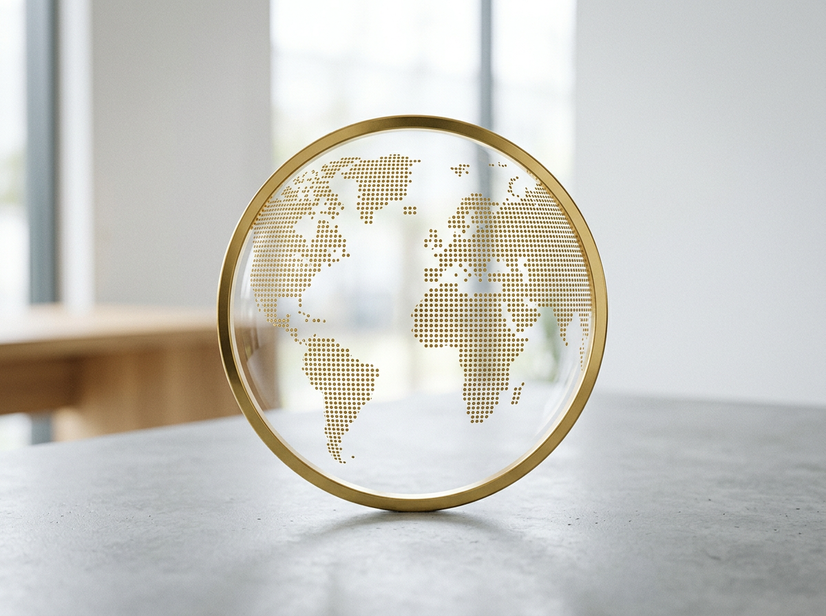Decorative glass globe with gold dotted world map design on a table in a bright room.