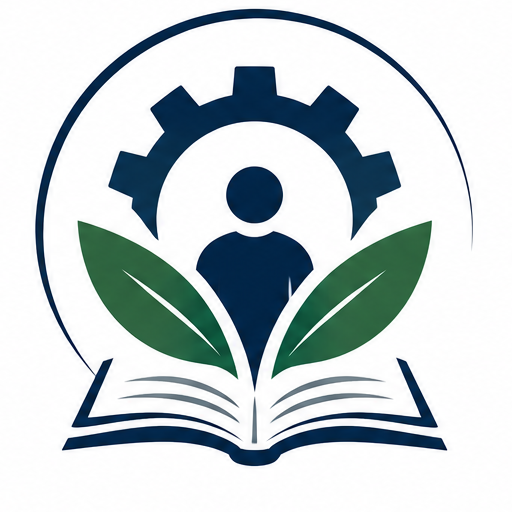 Icon of a person inside a gear, with leaves and an open book beneath, representing education or learning.