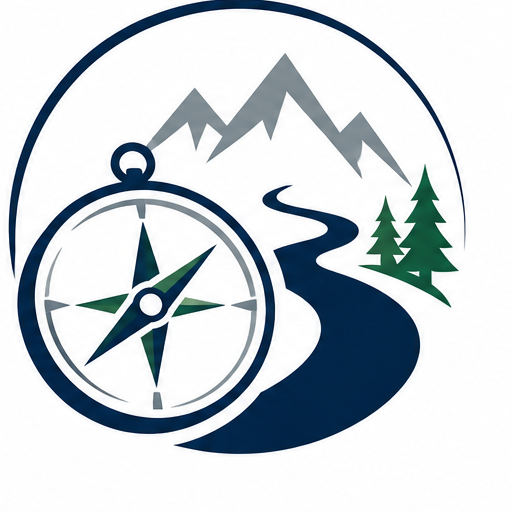 A graphic of a compass, mountains, a winding river, and trees, representing outdoor adventure or navigation.