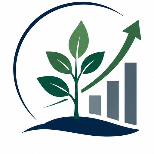 A green plant with upward arrow and bar graph indicating growth, surrounded by a circular line.