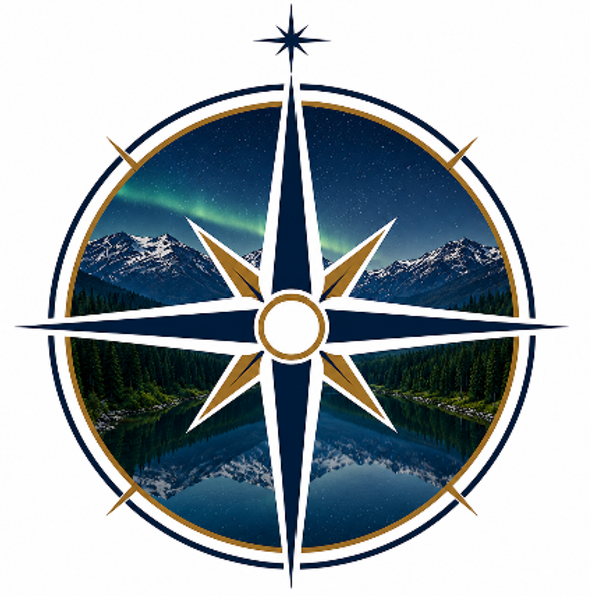 A compass rose overlaying a landscape of snow-capped mountains, pine trees, a lake reflecting the mountains, and the northern lights in the night sky.