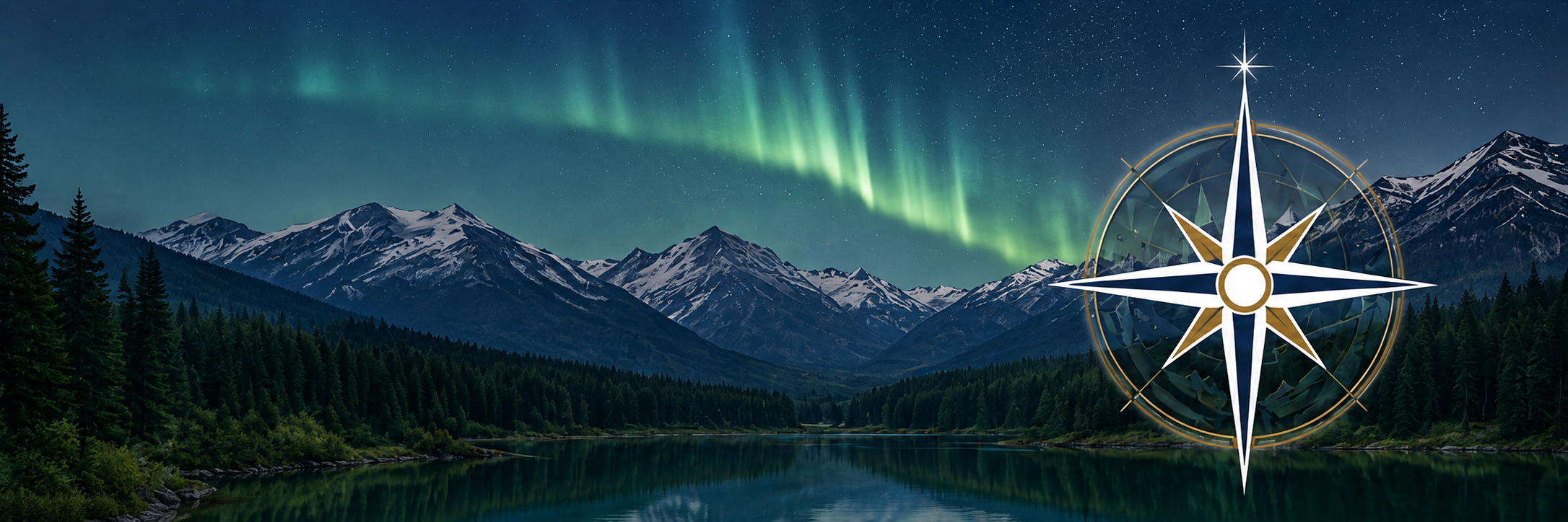 Nighttime view of snow-covered mountain range under the Northern Lights with a forested landscape and a calm body of water in the foreground, overlaid with a decorative compass rose.