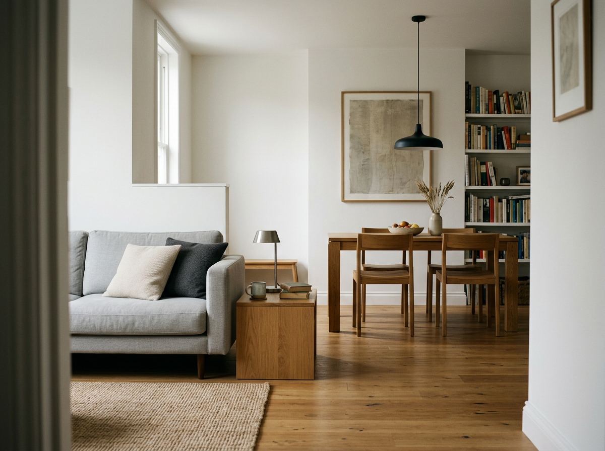 A cozy living room and dining area with minimalist decor, a light gray sofa with pillows, a wooden side table with a lampshade and books, a wooden dining table with chairs, a black pendant light, a bookshelf, and artwork on the walls, all with hardwood floors and white walls.