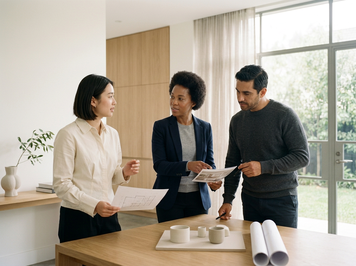 Three people discussing architectural plans in a modern office.