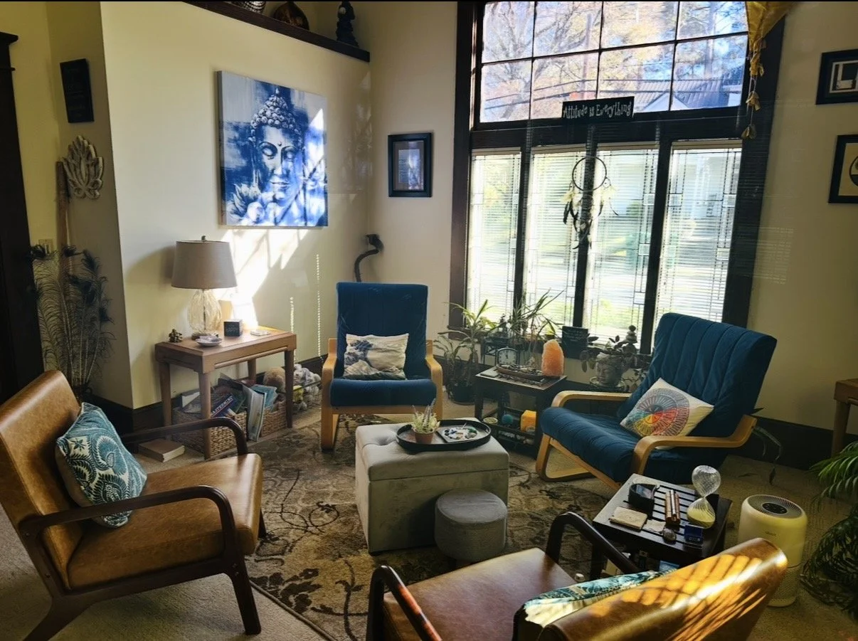 Living room with blue and brown chairs, a beige ottoman, potted plants, and wall art, lit by sunlight through large windows.