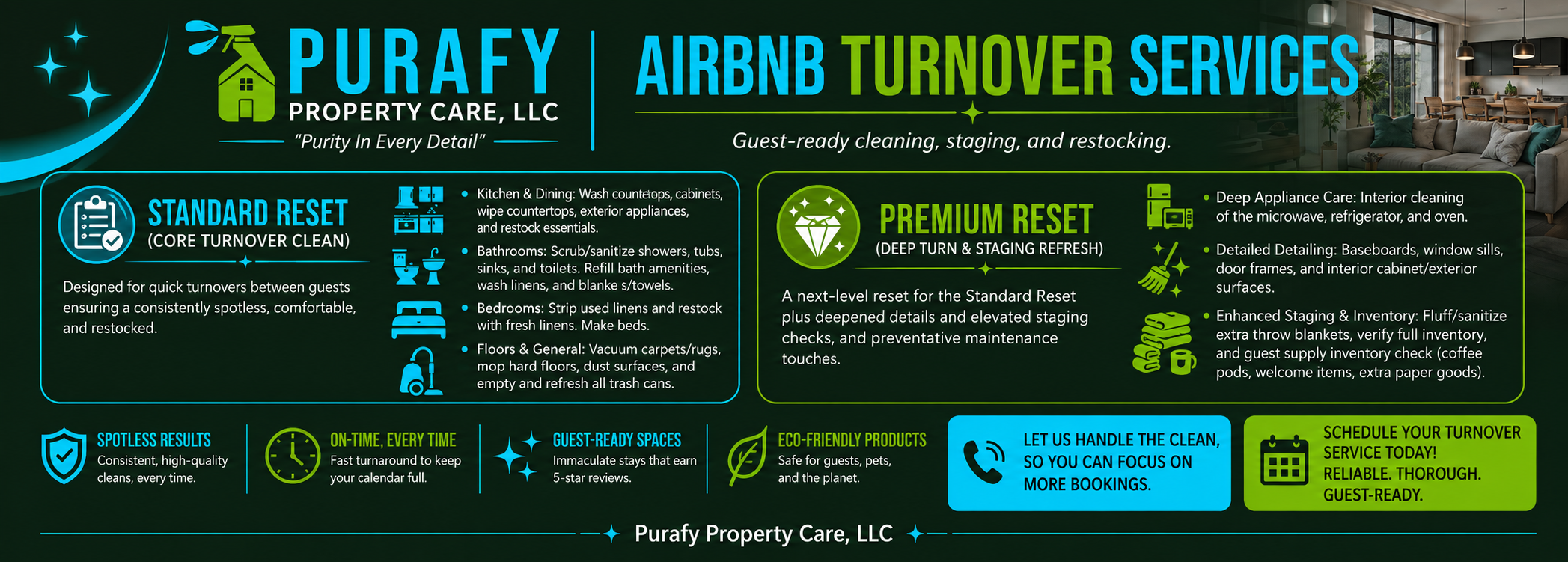 Digital graphic for Purafy Property Care, LLC showcasing reliable Airbnb turnover and property management cleaning services in Colorado Springs.