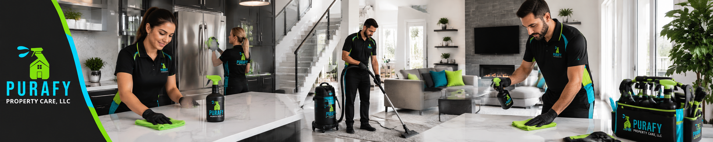 Professional cleaners in Purafy Property Care, LLC uniforms performing a deep clean in a modern Colorado Springs home interior.