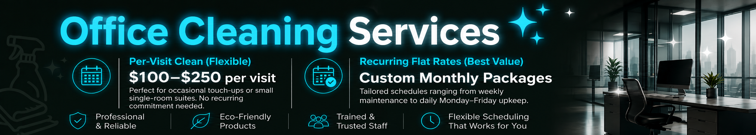 Digital graphic advertisement for Purafy Property Care, LLC featuring office cleaning service pricing options and scheduling flexibility.