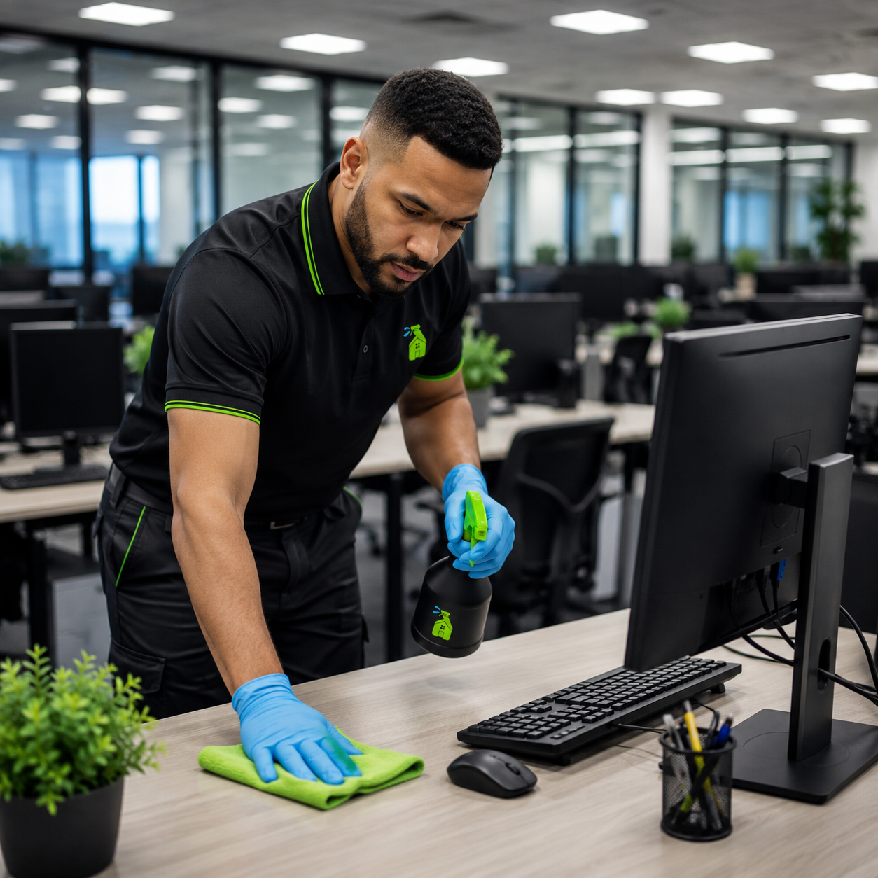 A team member cleaning an office desk with a computer, wearing blue gloves, using green cleaning spray and a cloth in a commercial Colorado Springs workspace.